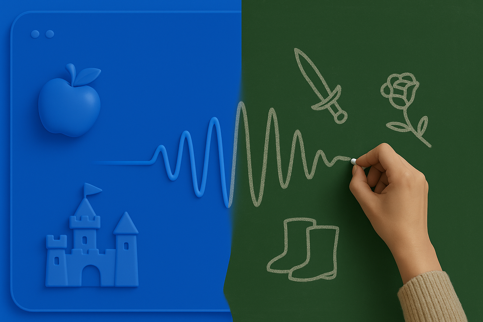Plataforma educativa personalizando cuentos con voces de profesores: iconos de historias (manzana, castillo) en interfaz digital se unen a dibujos en pizarra (espada, rosa) mediante una onda de voz, transformando el aprendizaje en el aula con voces familiares