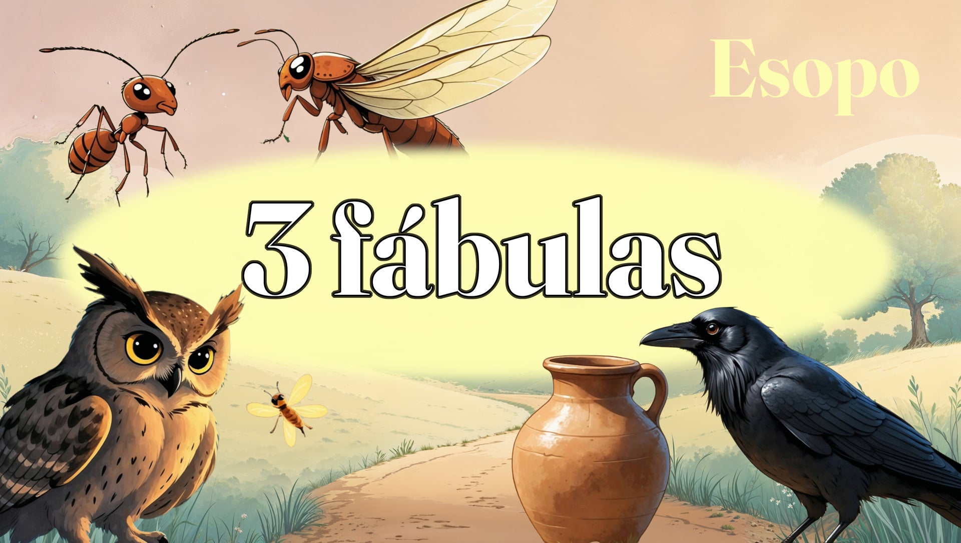 El Búho y la Luciérnaga, La Hormiga y la Cigarra, El Cuervo y la Jarra de Agua