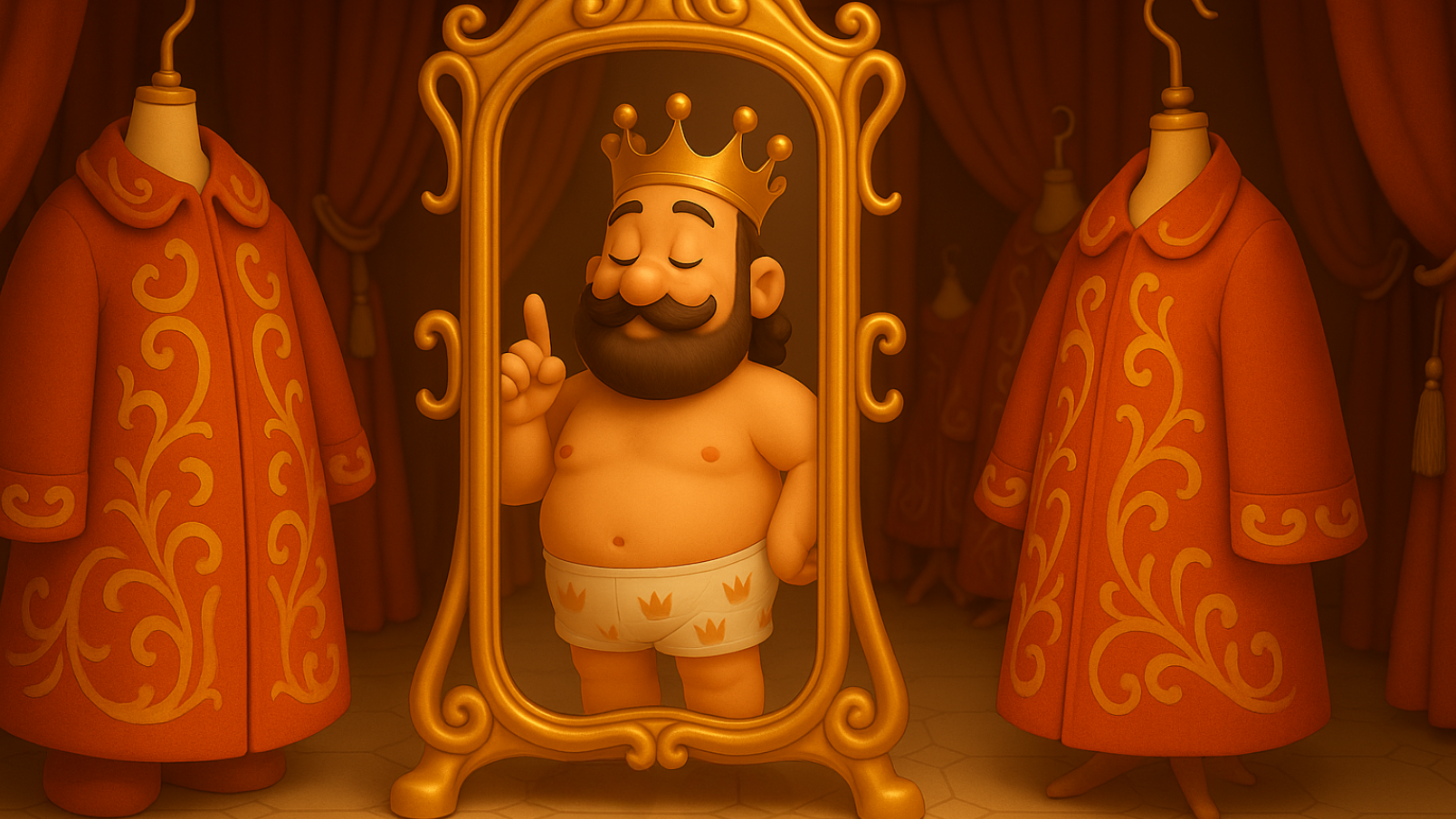 Imagen de la portada del cuento infantil, El traje nuevo del emperador, con el rey en su atuendo invisible